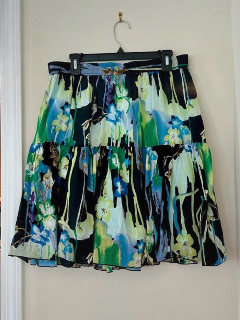 Old Navy Floral Tiered A-Line Skirt Lightweight Boho Blue Green M